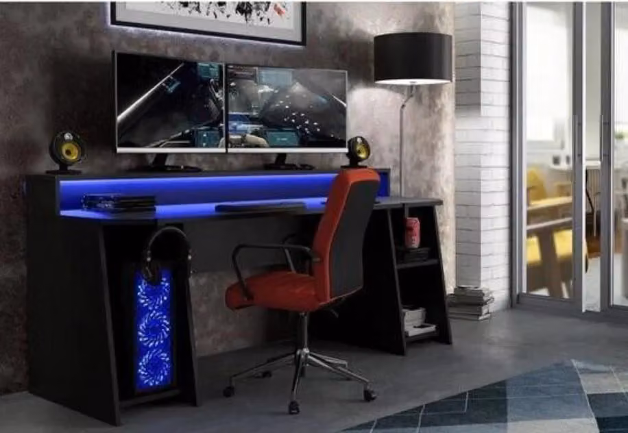 Tezaur Black Gaming Desk with LED Lights and PC Shelf, W/D/H: 200 x 72 x 91.1 cm