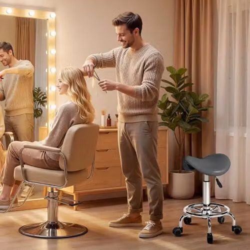 HOMCOM Grey PU Leather Adjustable Rolling Saddle Stool for Spa and Salon – 8