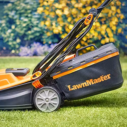 LawnMaster 34cm Electric Lawnmower in Orange with Fixed Steel Blade and Collection Bag – 6