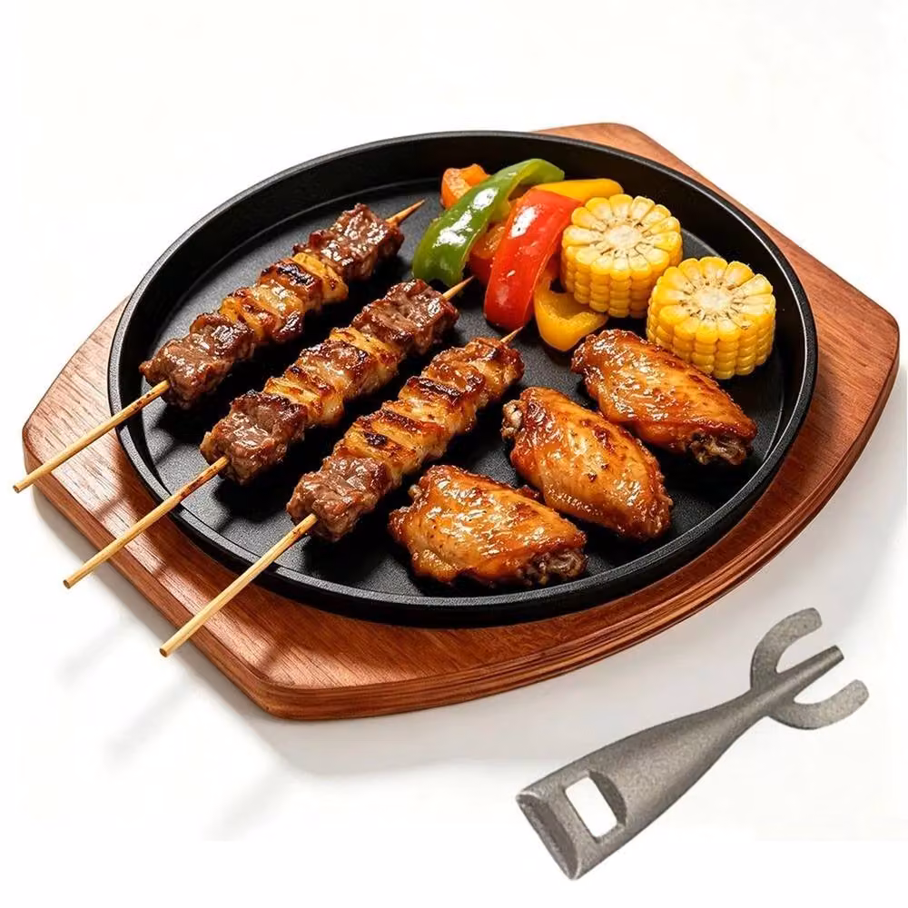 VOGREX 10 inch Cast Iron Sizzle Plate with Wooden Base in Brown – 3