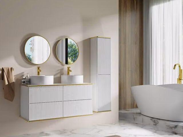 Vente-unique Striped Wall Mounted Bathroom Vanity Unit and Tall Cabinet in White and Gold, W/D/H: 120 x 47 x 54 cm