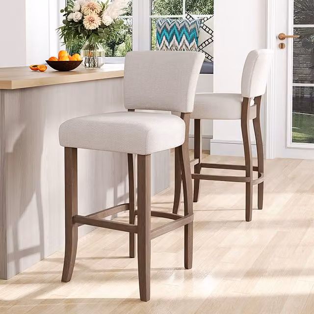 Livingandhome Set of 2 Modern Fabric and Wood Bar Stools in Beige and White