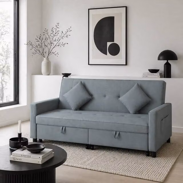 Wyld Haus Senosa 3 Seater Grey Velvet Click Clack Convertible Sofa Bed with Solid Wood Frame and Scatter Cushions, W/D/H: 196 x 89 x 90 cm