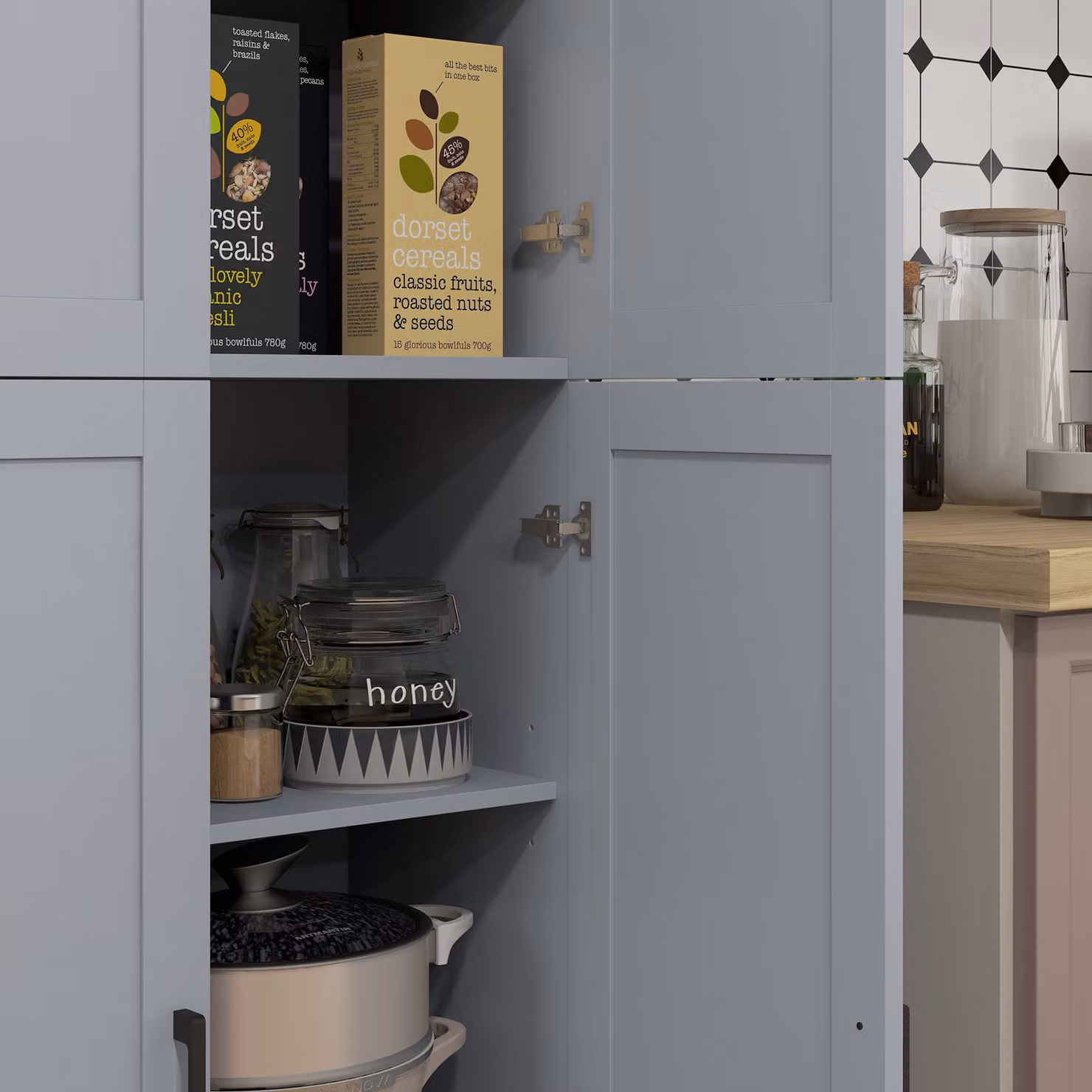 HOMCOM Grey Freestanding Kitchen Cupboard with 4 Hinged Doors and Adjustable Internal Shelves – 6