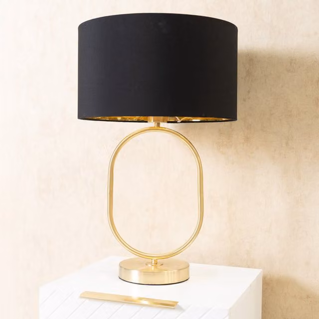 Antonia Art Deco Oval Table Lamp with Brushed Gold and Black Fabric and Metal Shade