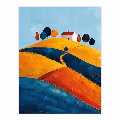 Artery8 Farmhouse on Hill Countryside Landscape Painting, Unframed Multicolour Paper Poster Wall Art – 1
