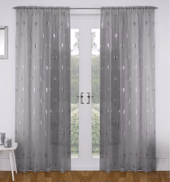 Tyrone Textiles Pair of Grey Birch Voile Fabric Panels with Rod Pocket, Width: 137 cm