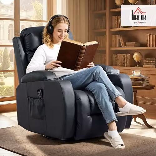 HOMCOM Black Faux Leather Recliner Armchair with Massage, Heat and Cup Holders – 2