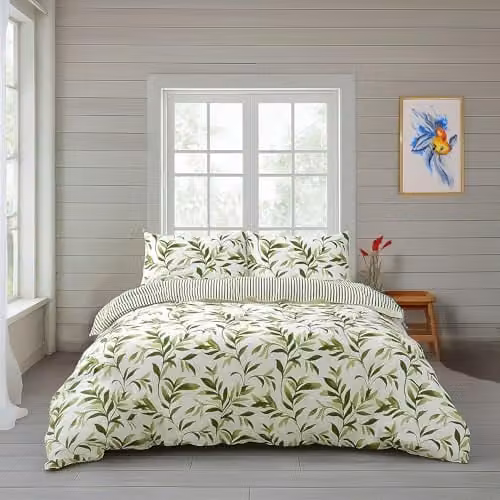 Home Sweet Home UK Double Reversible Polycotton Duvet Cover and Pillowcase Set in Green and White with Ella Leaf and Stripe Design, 200 x 200 cm