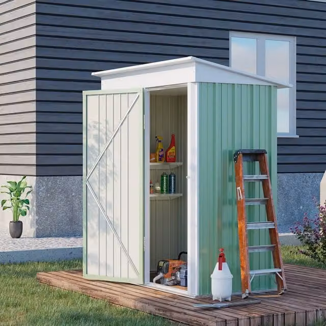 Outsunny Small Lean-to Metal Garden Shed with Adjustable Shelf and Lock in Green