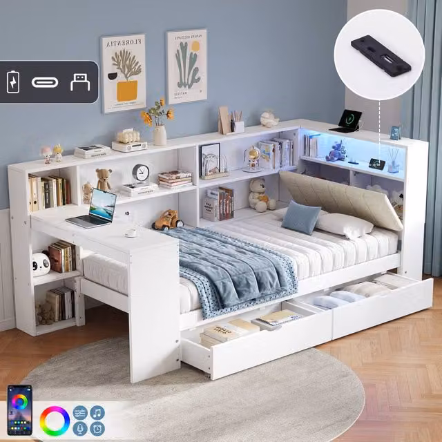 Rolipo L-Shape Daybed with Storage Drawers, Asymmetric Chaise and USB Charging Port, White, W/D/H: 140 x 200 cm
