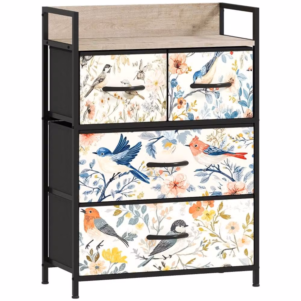 STILVORA 4 Drawer Chest of Drawers with Wooden Structure in White and Multicolour Floral Design – 5