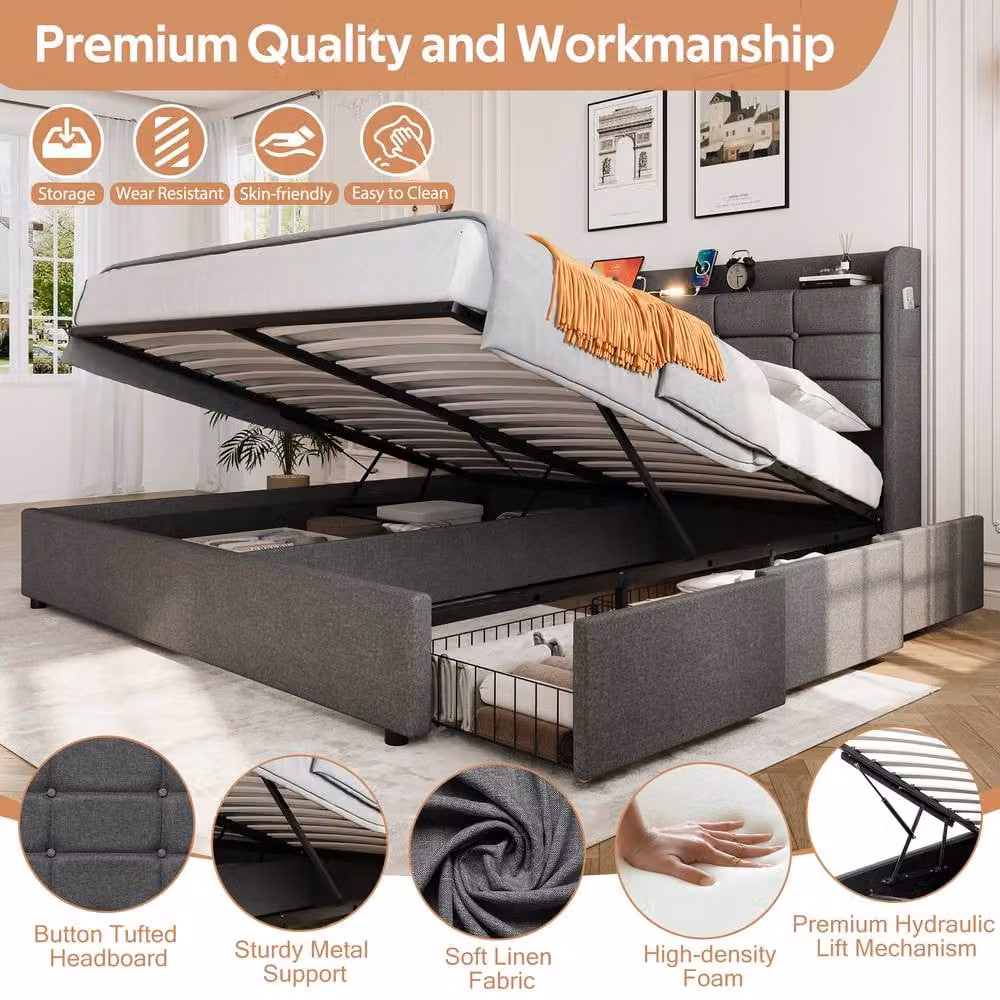 Rolipo Grey Linen Ottoman Bed with LED Under-Bed Lighting and USB Charging Ports, W/D/H: 180 x 200 cm – 7