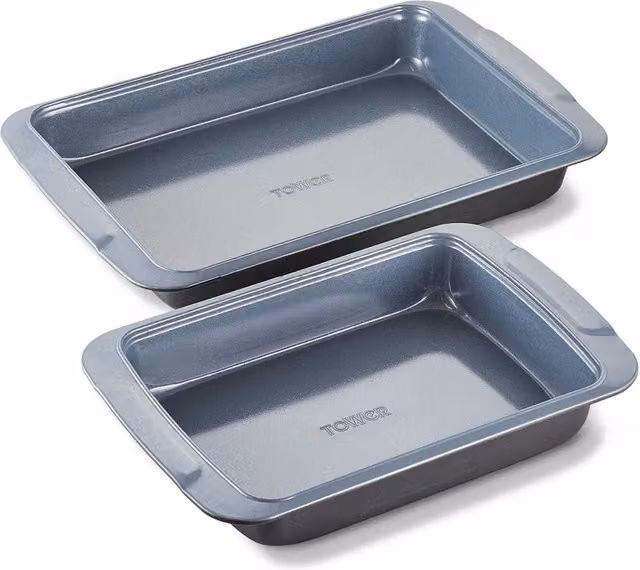 Tower 2 Piece Rectangular Non-Stick Roasting Tray Set in Grey Ceramic and Carbon Steel