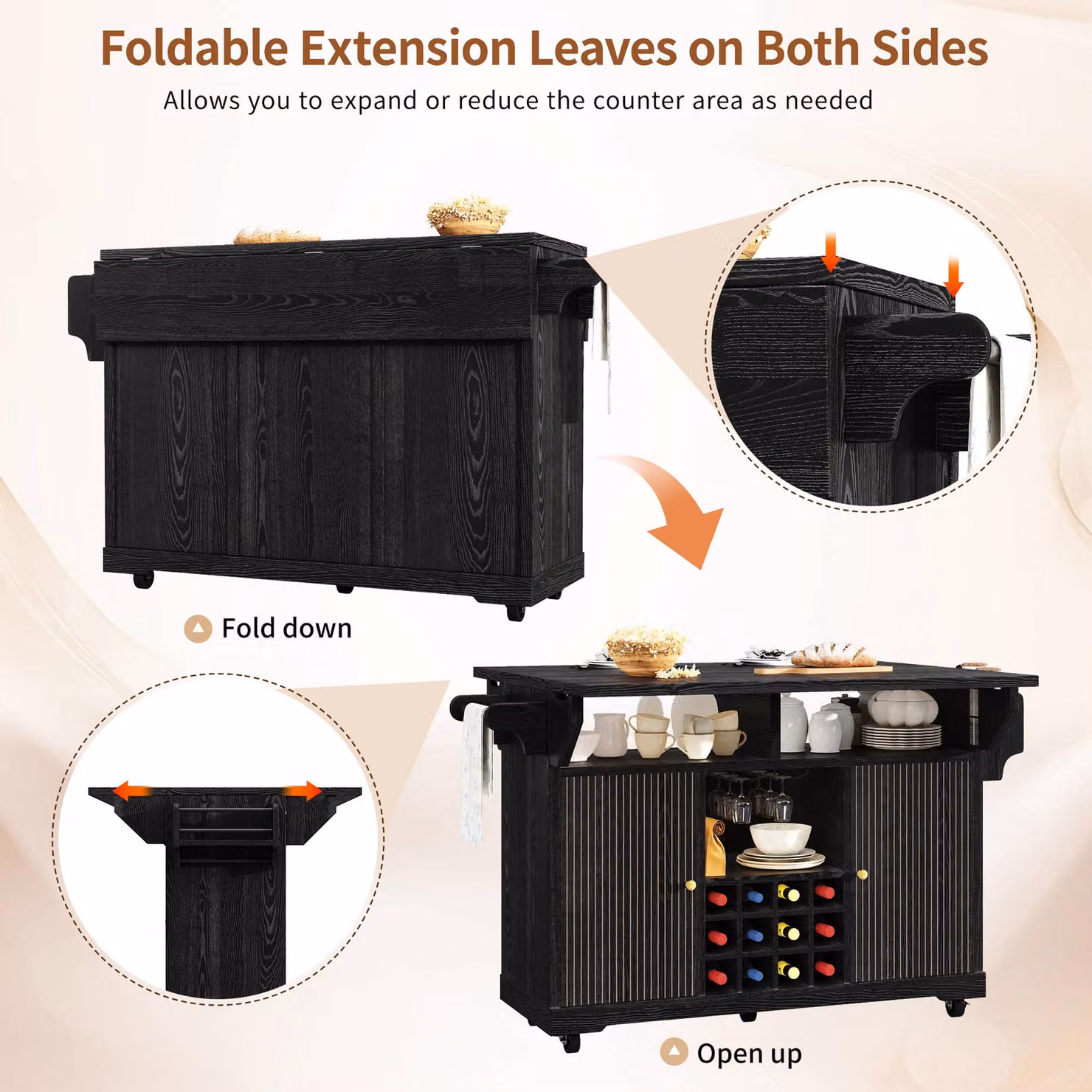 Aosom UK Foldable Serving Trolley with Snack Racks and Ample Storage, Black, W/D/H: 142.5 x 40 x 95 cm – 4