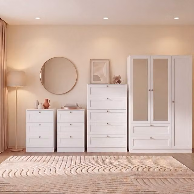 Vida Designs Altino Black Modern Bedroom Set including 2x 3-Drawer Bedside Tables, 5-Drawer Chest and 3-Door 2-Drawer Wardrobe