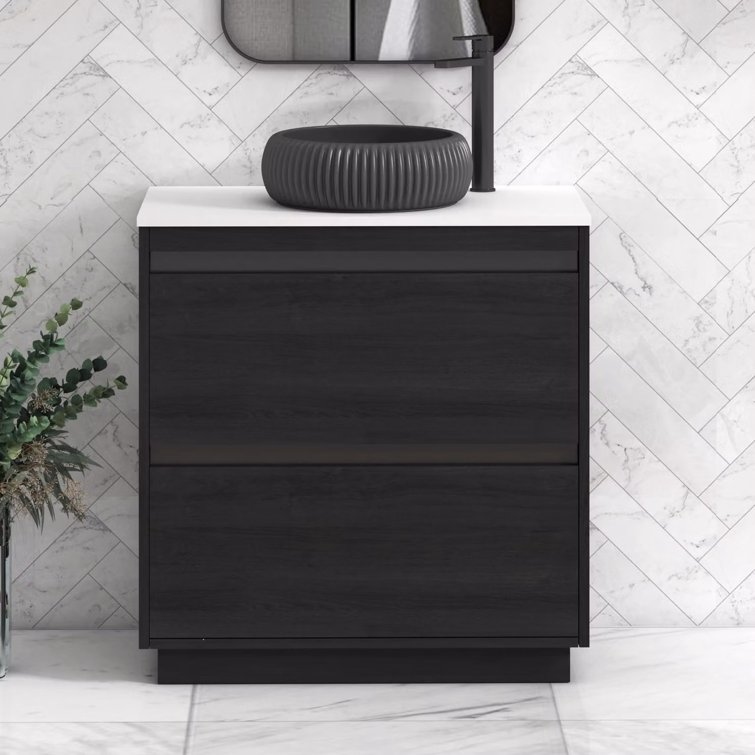Royal Bathrooms Orion 800mm Hale Floor Standing Vanity Unit with Milan Black Basin and 2 Drawers in White and Black