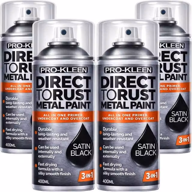 ProKleen Direct to Rust 3-in-1 Metal Paint, Primer, Undercoat and Topcoat, Black Satin Finish, 4 x 400ml