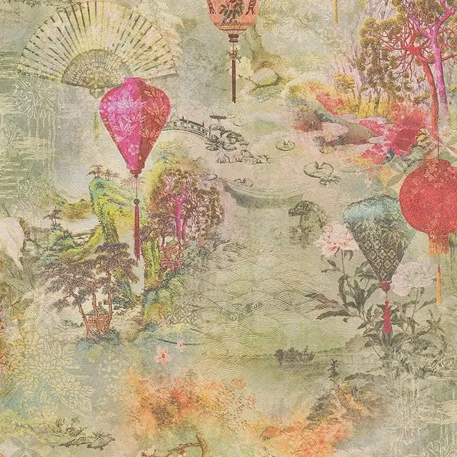 A.S. Création Japanese Scenery Asian Fusion Wallpaper in Multicolour and Green with Floral and Botanical Oriental Landscape Design