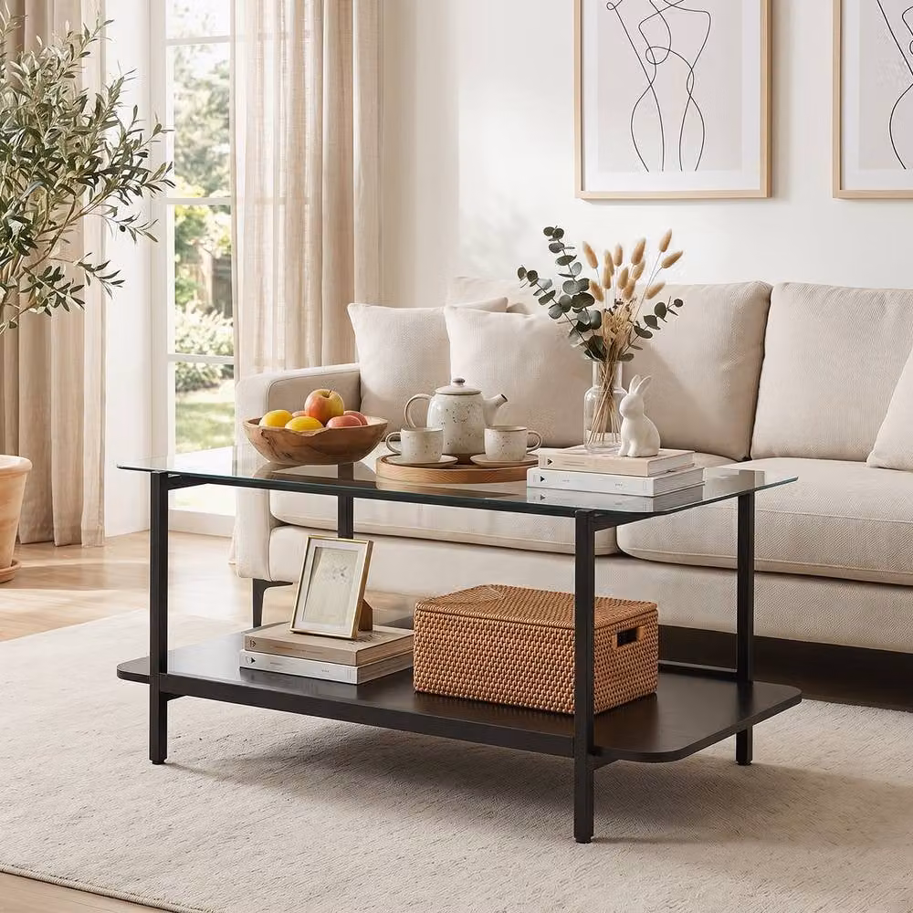 Costway Modern 2-Tier Rectangular Coffee Table with Black Tempered Glass and Metal Frame – 2