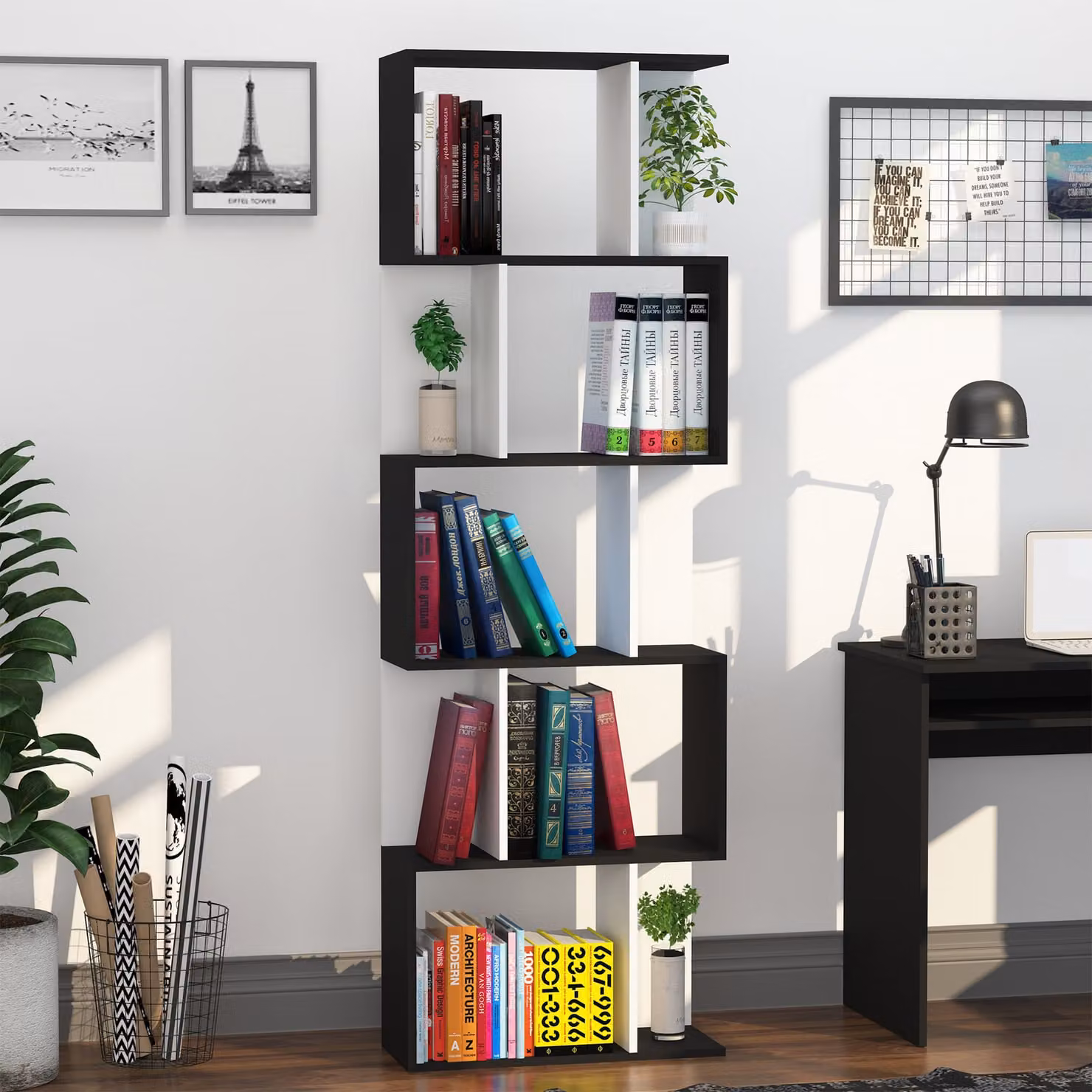 HOMCOM 5-Tier S-Shaped Wooden Bookcase and Display Shelving in Black and White, H 184.5 x W 60 x D 24 cm – 6