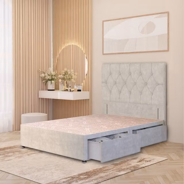 Somnior Beds Ltd Chesterfield Velvet Divan Bed Base with Drawers and Floor Standing Headboard, Silver, W/D: 180 x 200 cm
