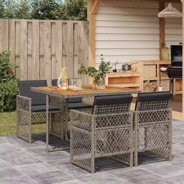 Berkfield Home 5 Piece Grey Poly Rattan Garden Dining Set with Acacia Wood Table and Cushions – 1