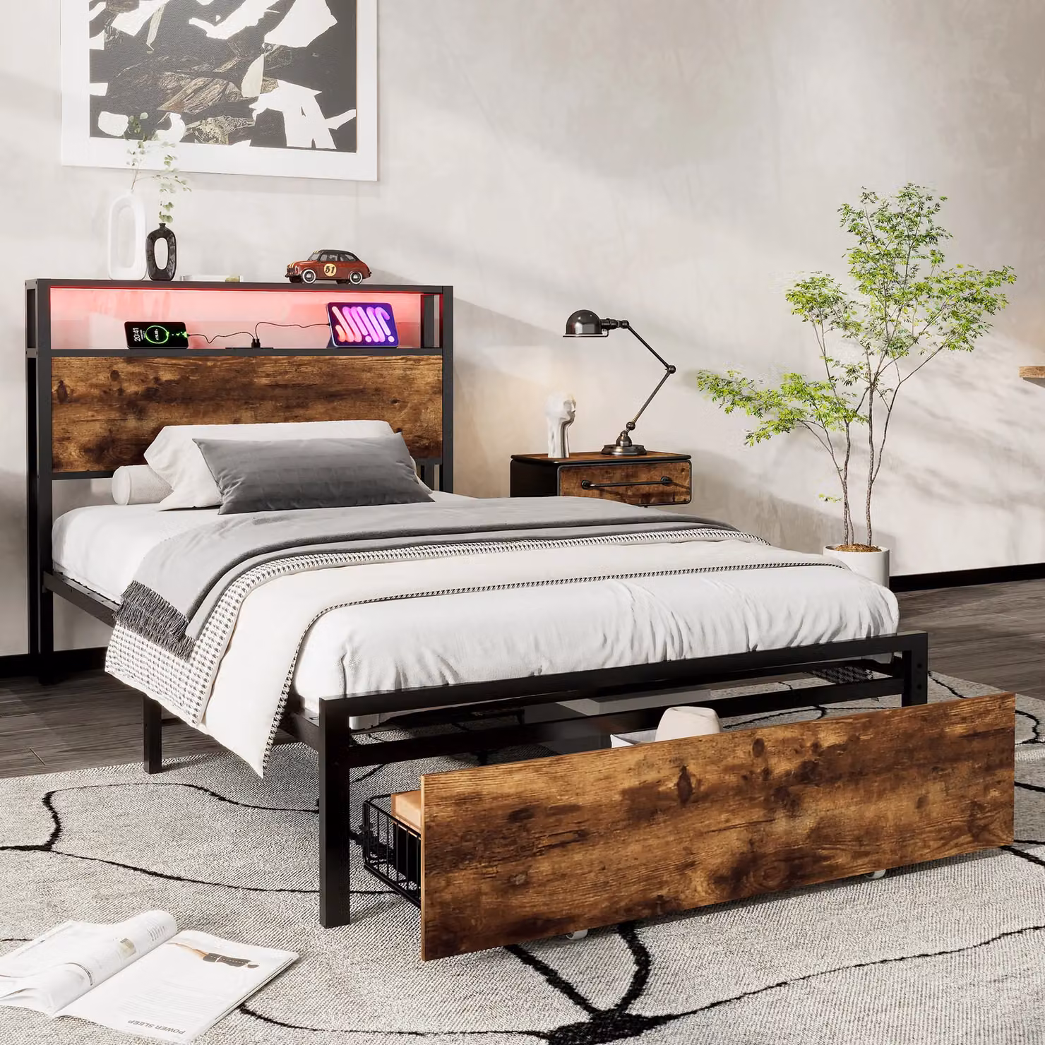 Matteo Metal Single Bed in Black with LED Light Strip, Storage Drawer and USB/Type C Ports, W/D/H: 90 x 190 x 105 cm – 2