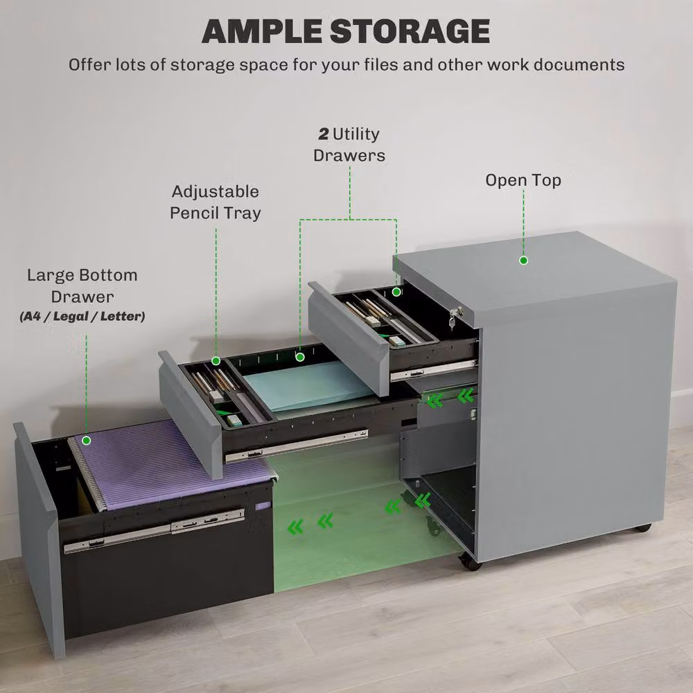 ERGOVEXA 3 Drawer Metal Filing Cabinet in Matt Grey with Lock and Castors, H: 60.0 cm, W: 39.0 cm, D: 40.0 cm – 5