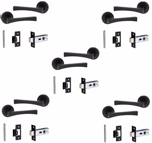 Golden Grace Wave Door Handles with 2.5 inch Latch, 5 Pairs, Matt Black Finish – 1