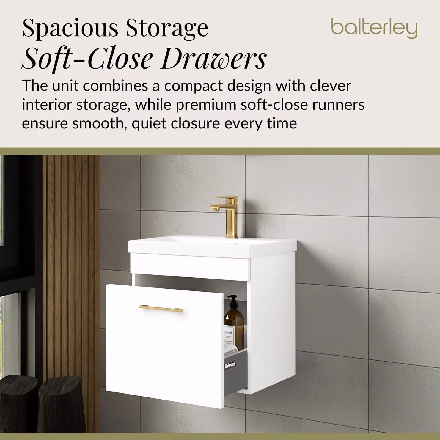 Balterley White Glossy 1 Drawer Wall Hung Vanity Basin Unit with Brushed Brass Handle, Width: 500 mm – 2