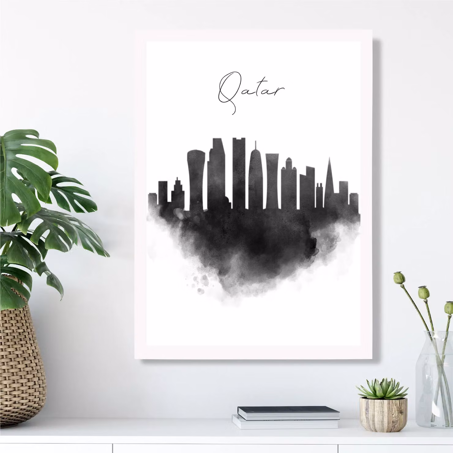 ARTZE Qatar Watercolour Skyline City Framed Print, Black and White, A3 – 2