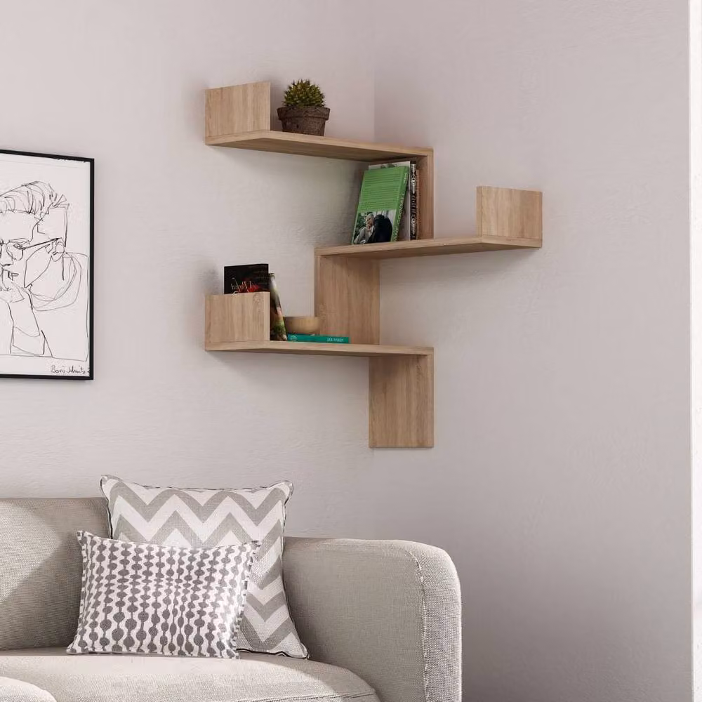 CALICOSY Luska Corner Wall Mounted Shelf with 3 Shelves, Brown, H: 90 cm, W: 60 cm, D: 60 cm – 2