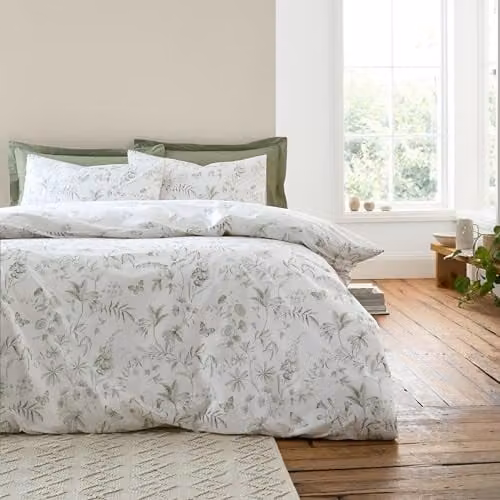 Bianca Thea Floral Reversible Cotton Percale Duvet Cover and Pillowcase Set in Green, W/D/H: 200 x 200 cm and 50 x 75 cm – 1