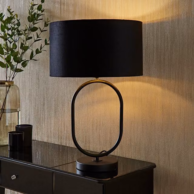 Antonia Art Deco Oval Table Lamp with Black Velvet and Gold Metallic Shade and LED Bulb
