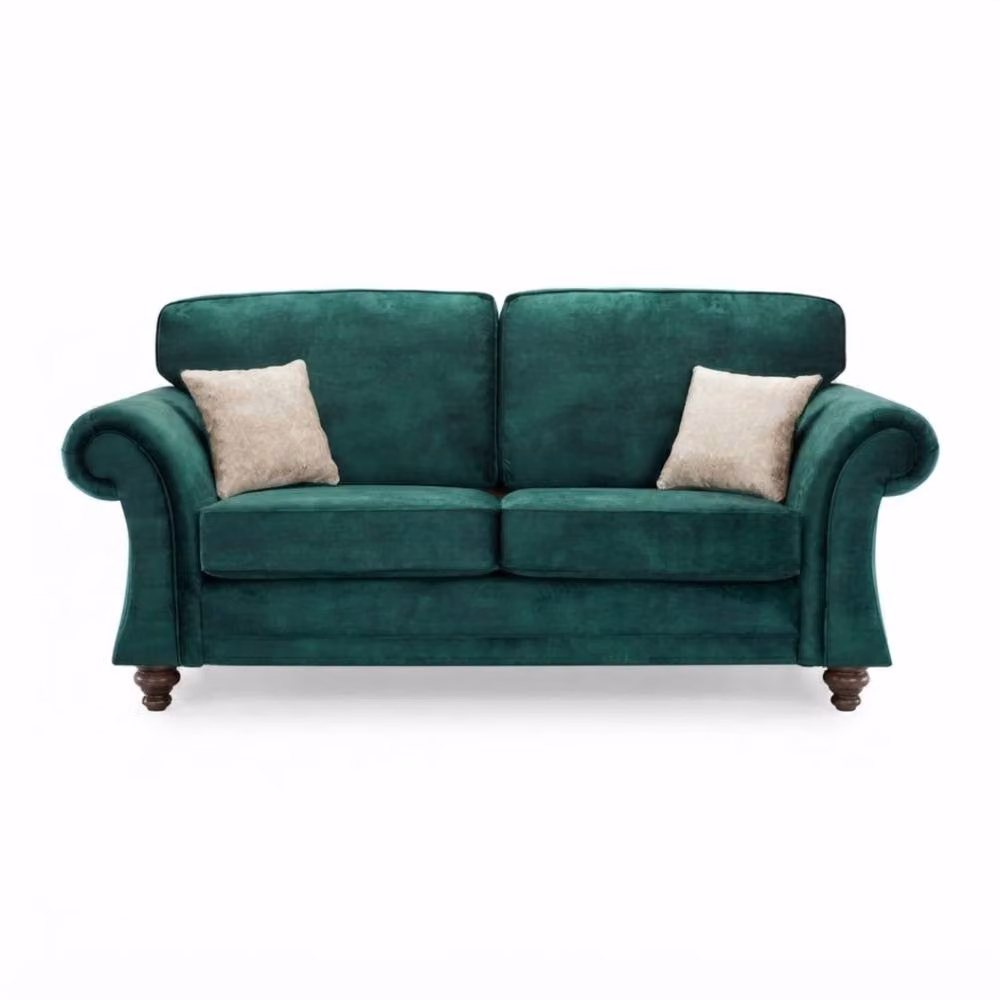 Stratus Interiors Grosvenor Green Velvet Fabric Upholstered Modern Sofa with Scatter Cushions and Solid Wood Frame – 3