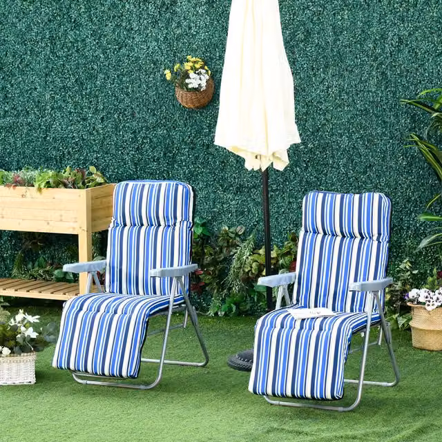 Outsunny Set of 2 Adjustable Sun Loungers with Armrests and Weatherproof Cushions in Blue – 1
