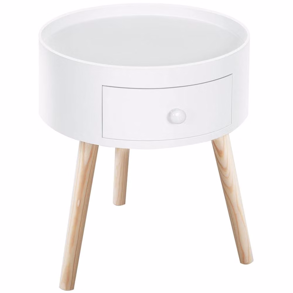 Wyld Haus Taloso Round White Bedside Table with Drawer and Natural Wooden Legs, H 45 cm x W 38 cm x D 38 cm – 2