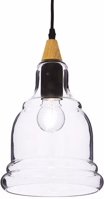 Ideal Lux Gretel Industrial Single Light Ceiling Pendant in Black with Wood and Transparent Glass