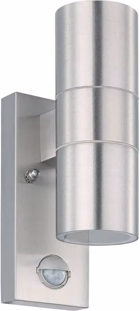Loops IP44 Outdoor Wall Light with PIR Motion Sensor in Silver Stainless Steel, includes 2 x 3W GU10 Bulbs – 1