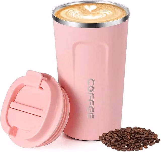 Pawnora Double Walled Stainless Steel Insulated Coffee Mug with Lid, Pink, 380 ml