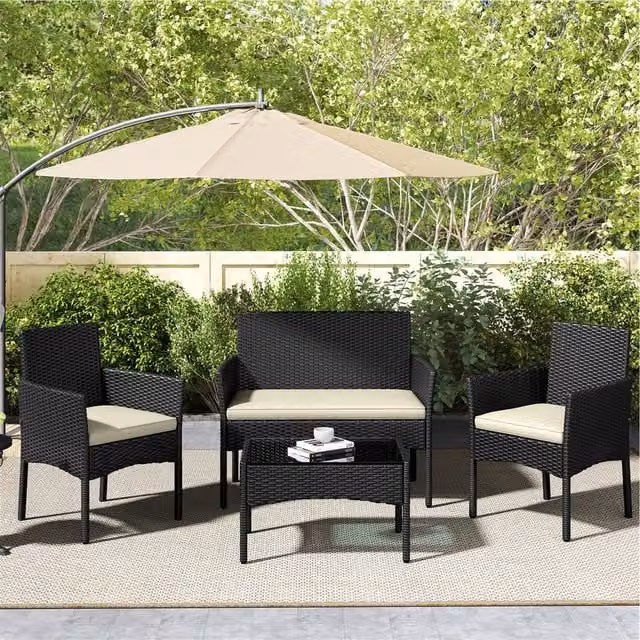 Yaheetech Modern Rattan Outdoor Reception Table and Chair Set with Glass Top in Beige