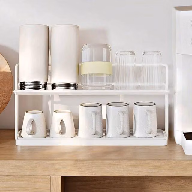 NESTLUNE 2 Tier Mug and Bottle Organizer Rack with Drip Tray, White, W: 100 cm, D: 15 cm, H: 15 cm – 1