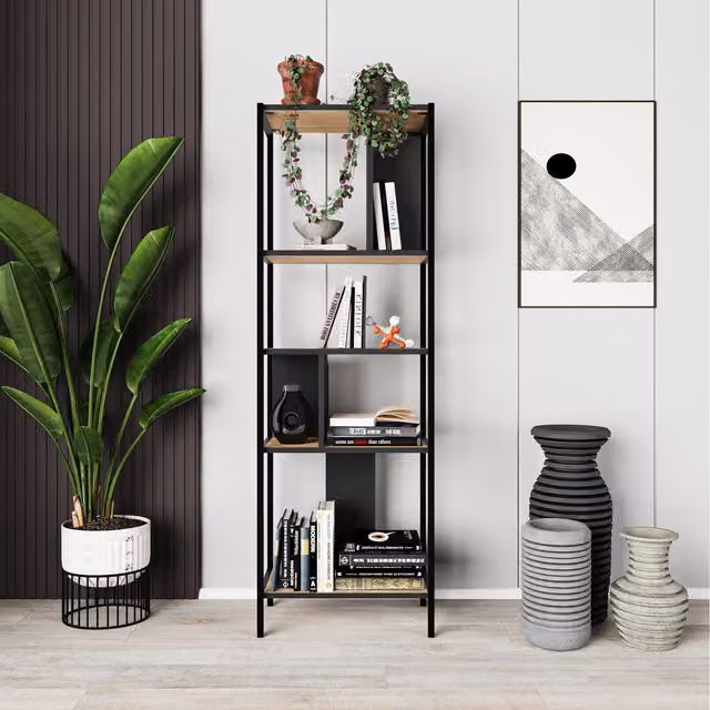 Decortie Mini Modern Narrow Bookcase with 5 Shelves in Oak and Silky Black