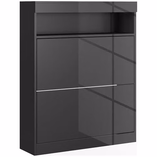 HOMCOM Narrow Glossy Black Shoe Cabinet, Wall Mounted or Freestanding with Tilting Compartments and Internal Shelves – 1