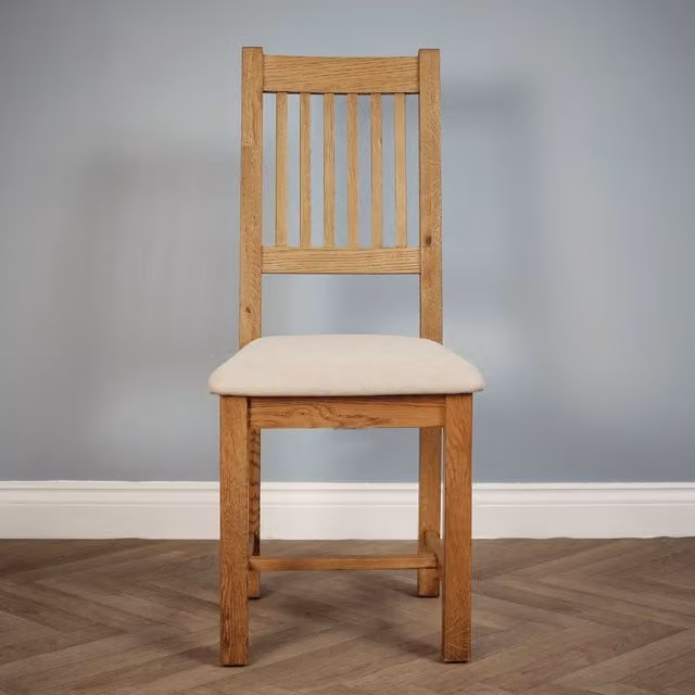Elm Home And Garden Rustic Oak Slatted Back Dining Chair with Beige Upholstered Seat in Brown