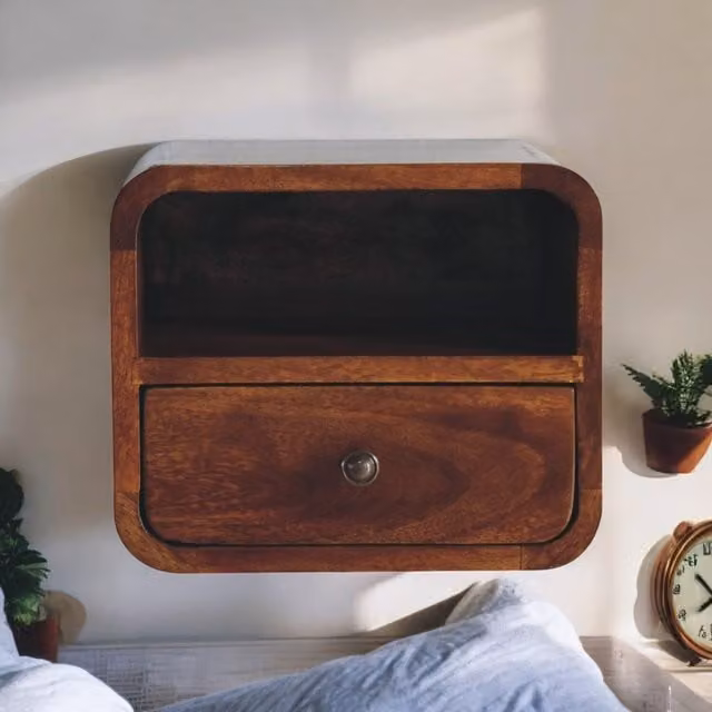 Artisan Furniture Mango Wood Extra Mini Wall Mounted Curved Bedside Table in Brown