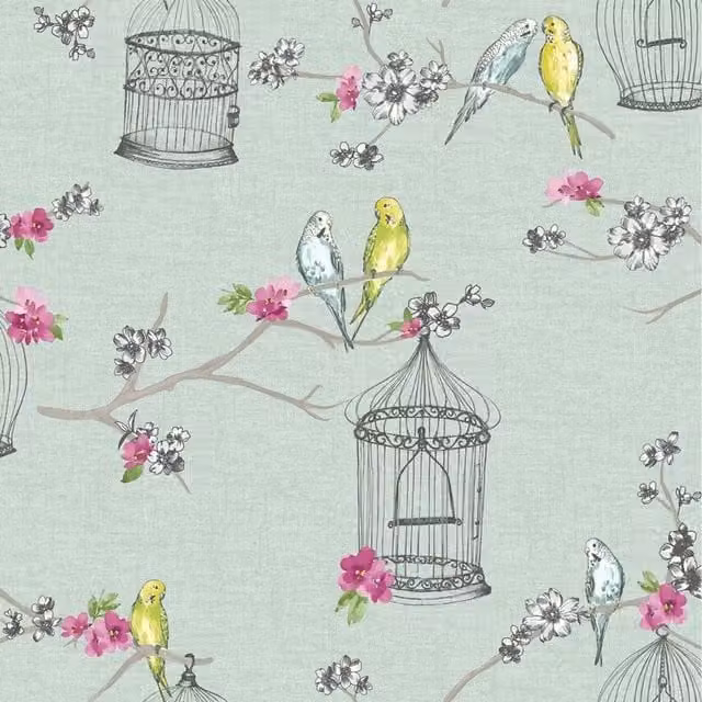 Arthouse Opera Birds Birdcage Floral Flowers Overture Wallpaper in Pink, Turquoise and Multicolour