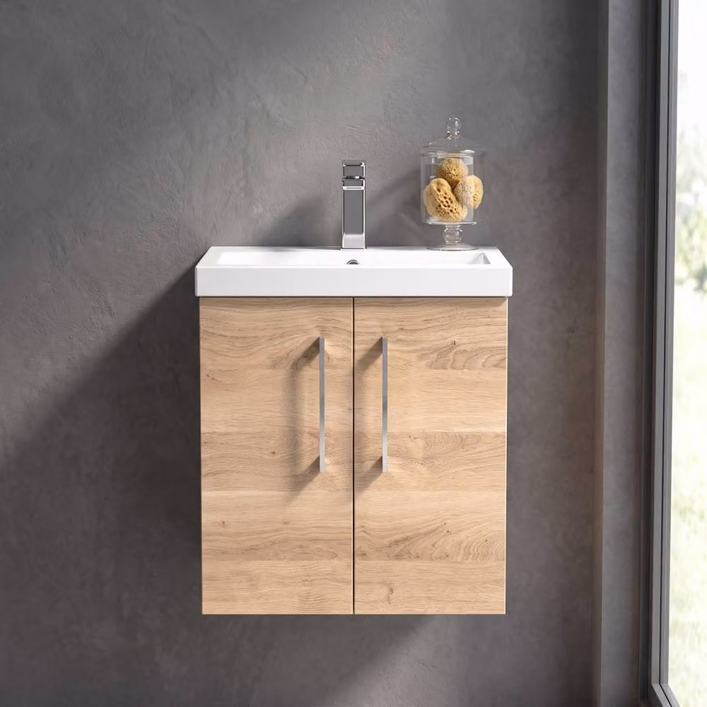 Balterley Wall Hung 2-Door Bathroom Vanity and Basin in Bleached Oak Brown, W: 50 cm, D: 58.9 cm, H: 50 cm – 3