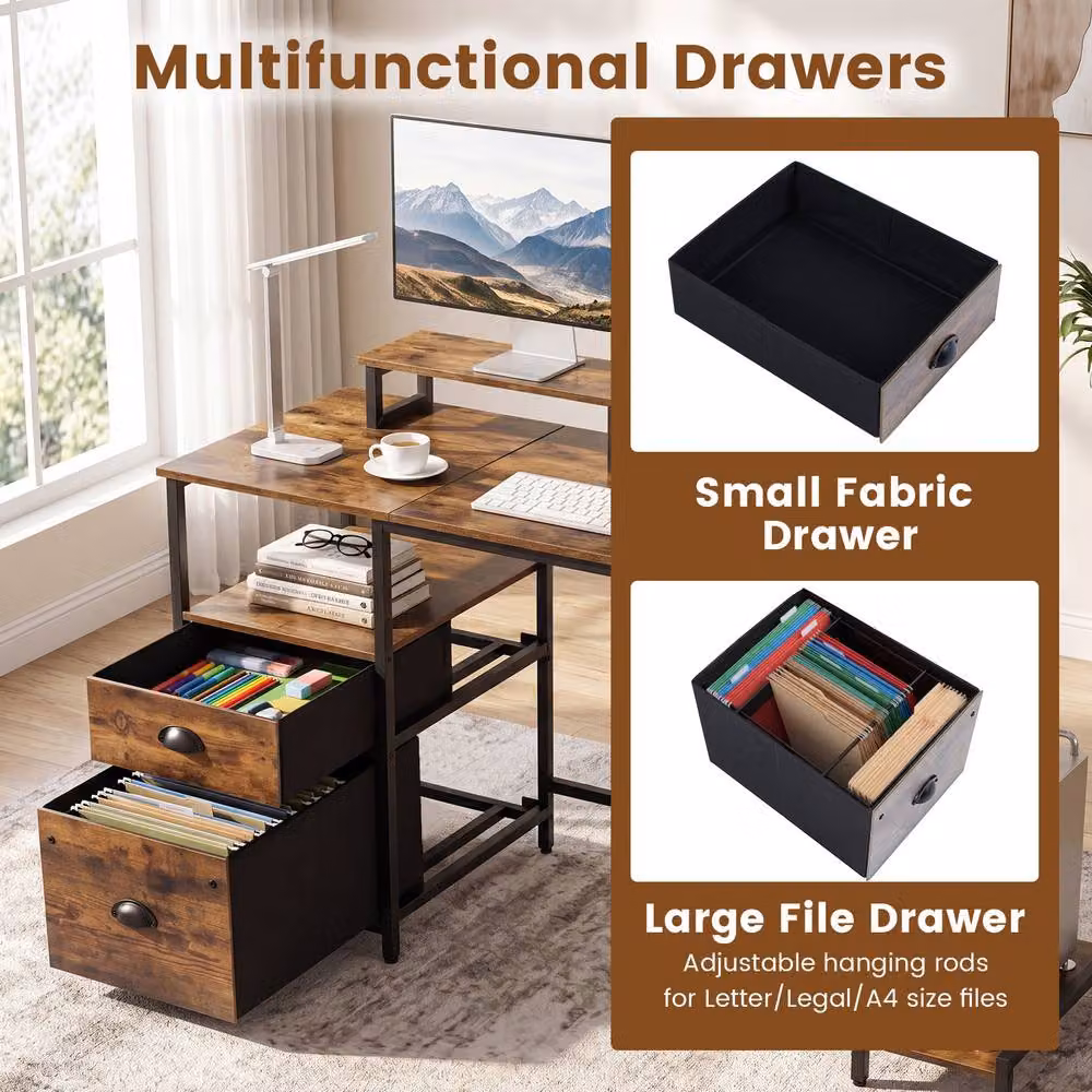Gymax Industrial Writing Desk with Power Outlets and 2 Monitor Shelves in Brown – 7